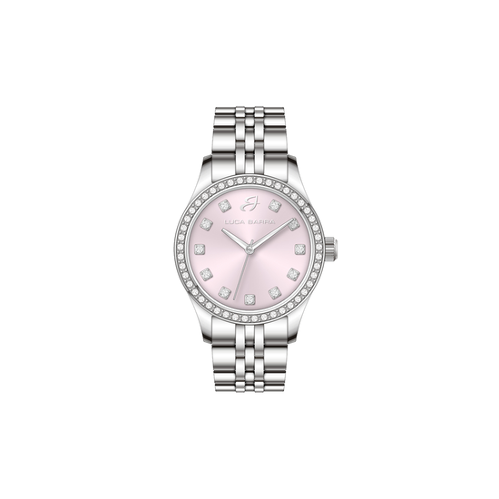 RELOJ DE ACERO PARA MUJER CON ESFERA ROSA Y BISEL DE CRISTAL BLANCO