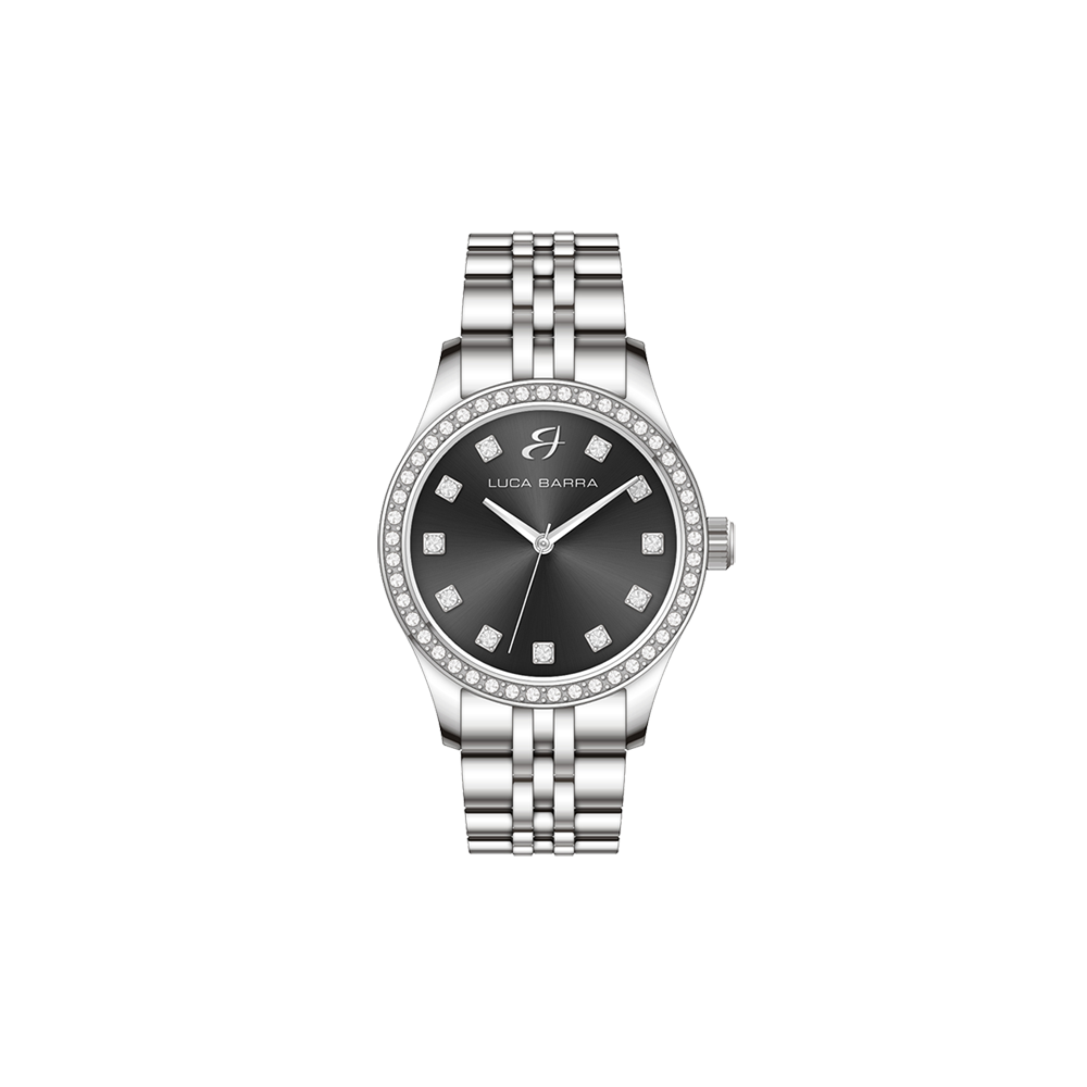 RELOJ DE ACERO PARA SEÑORA CON ESFERA NEGRA Y BISEL DE CRISTAL BLANCO