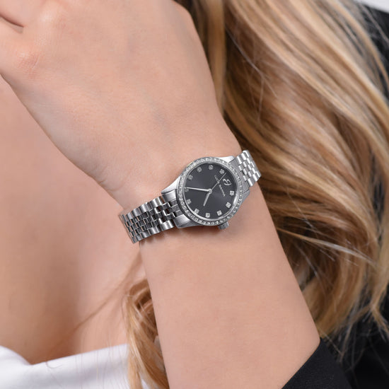 RELOJ DE ACERO PARA SEÑORA CON ESFERA NEGRA Y BISEL DE CRISTAL BLANCO