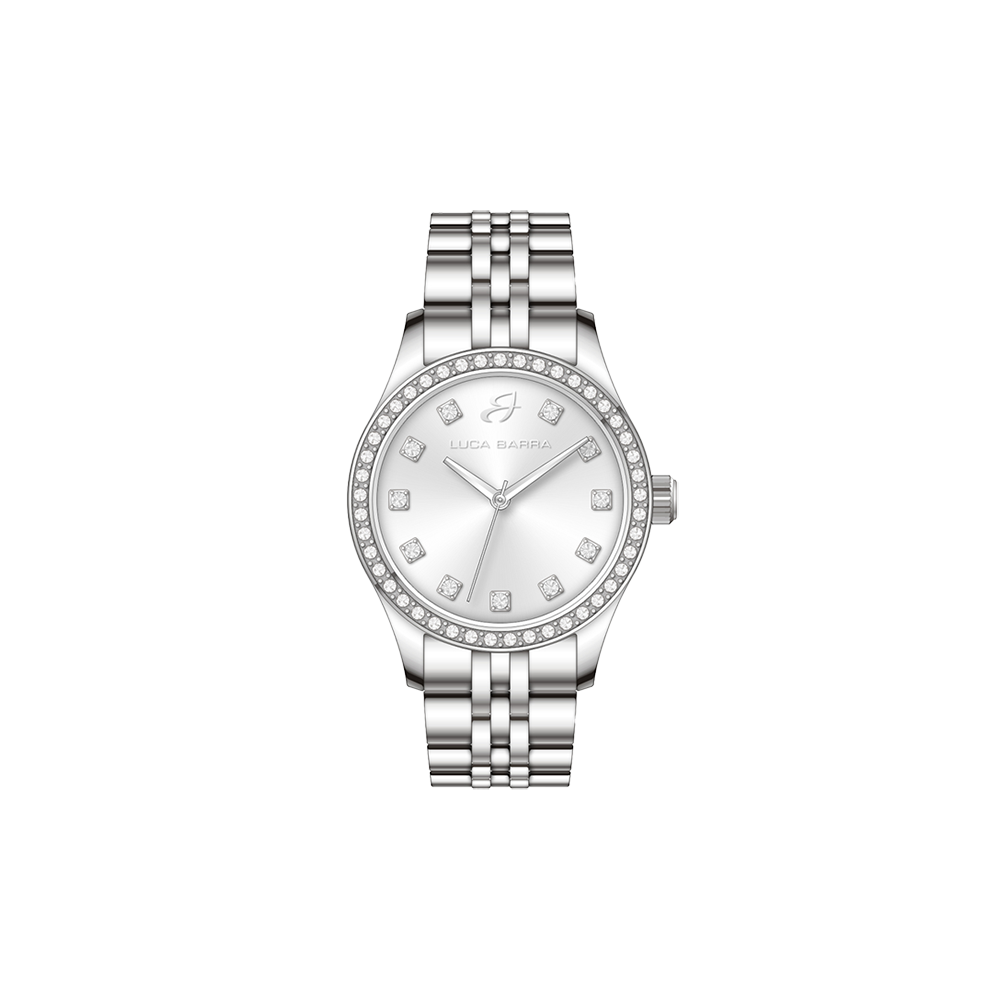 RELOJ DE ACERO PARA SEÑORA CON ESFERA PLATEADA Y BISEL DE CRISTAL BLANCO