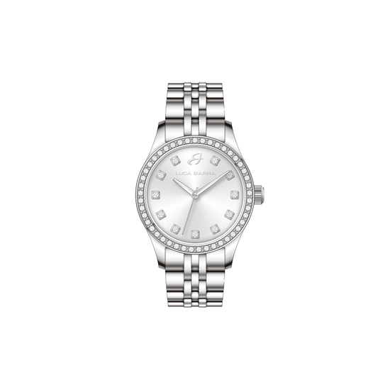 RELOJ DE ACERO PARA SEÑORA CON ESFERA PLATEADA Y BISEL DE CRISTAL BLANCO