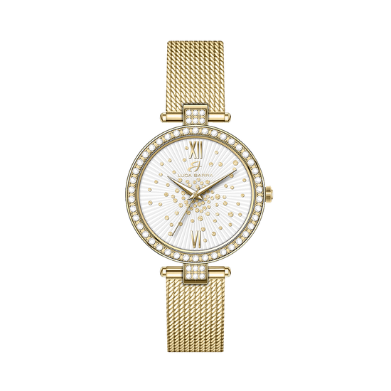 OROLOGIO DONNA IN ACCIAIO IP GOLD QUADRANTE BIANCO GHIERA CON CRISTALLI BIANCHI Luca Barra