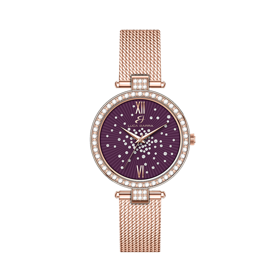 RELOJ MUJER IP ACERO ROSA ESFERA MORADA BISEL CON CRISTALES BLANCOS