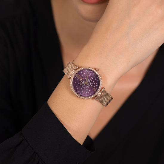 RELOJ MUJER IP ACERO ROSA ESFERA MORADA BISEL CON CRISTALES BLANCOS