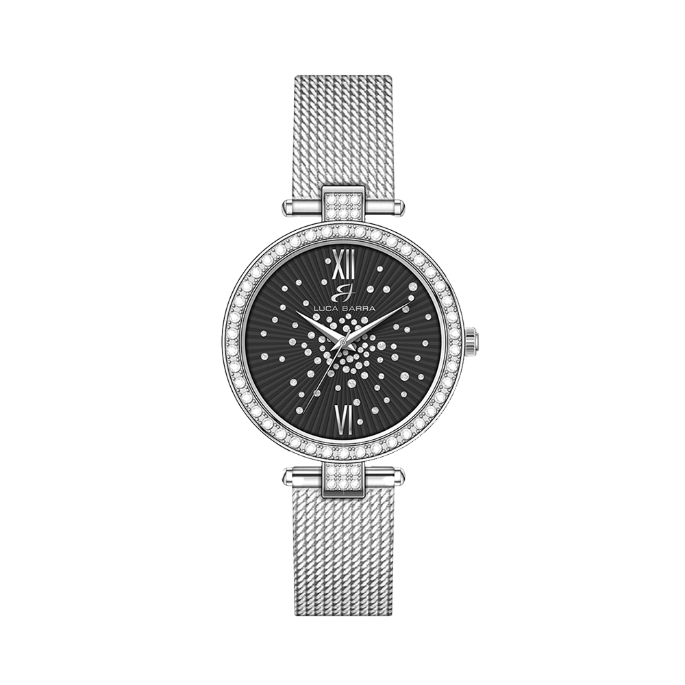 RELOJ DE ACERO PARA SEÑORA ESFERA NEGRA BISEL CON CRISTALES BLANCOS