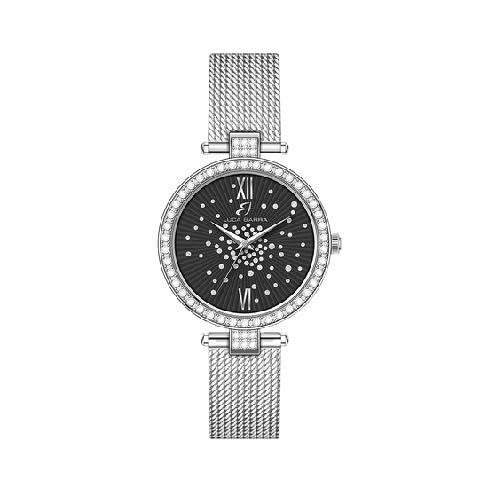 RELOJ DE ACERO PARA SEÑORA ESFERA NEGRA BISEL CON CRISTALES BLANCOS