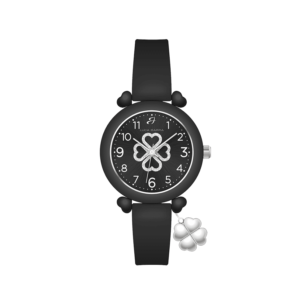 RELOJ DE MUJER DE SILICONA NEGRA CON TRÉBOL DE CUATRO HOJAS