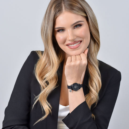 RELOJ DE MUJER EN SILICONA NEGRA Y CRISTALES BLANCOS