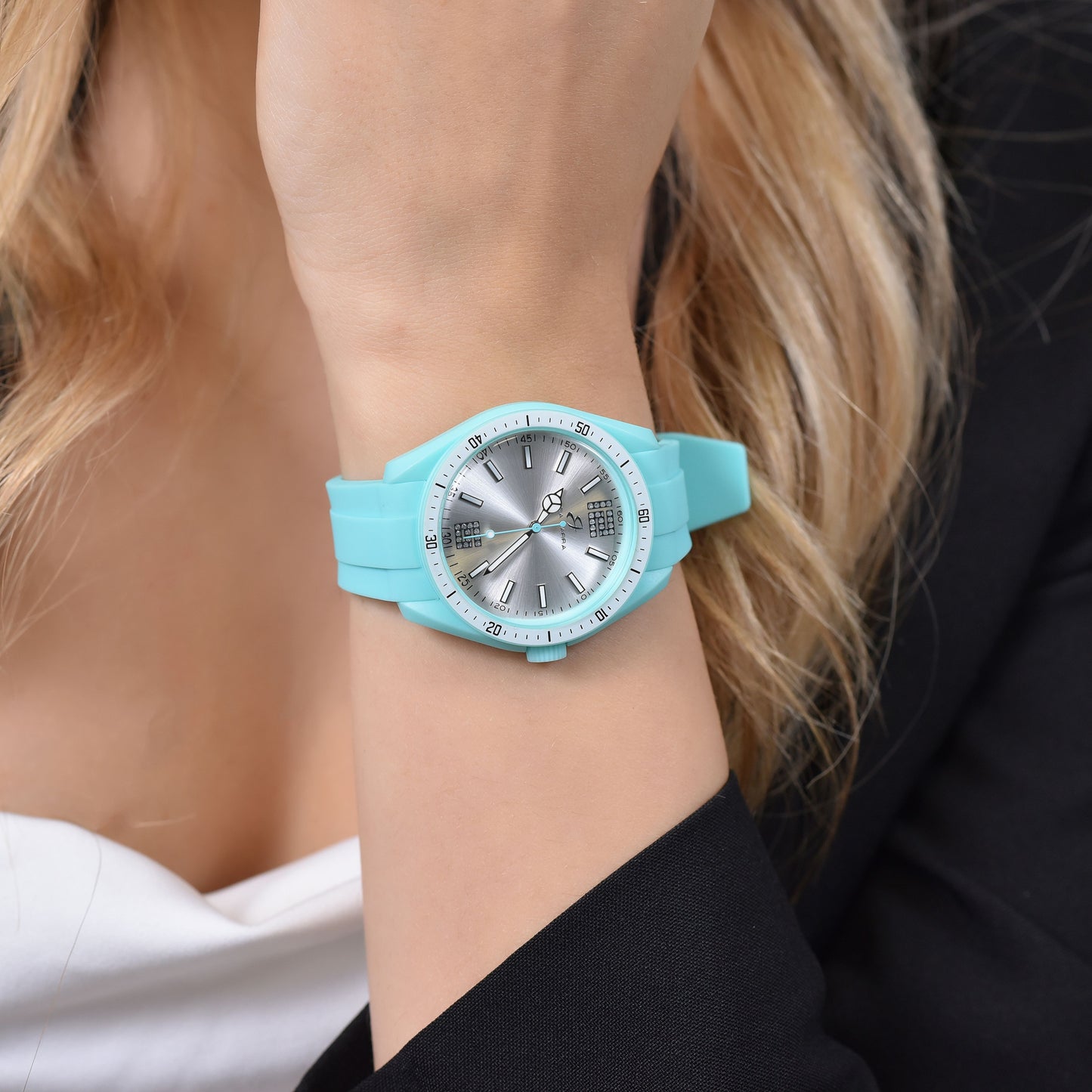 RELOJ DE SILICONA BLANCO Y AGUAMARINA PARA MUJER