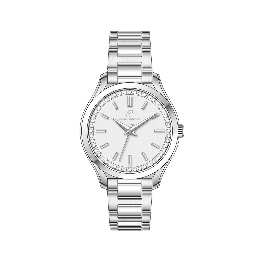 RELOJ DE ACERO PARA MUJER CON BISEL DE CRISTAL BLANCO