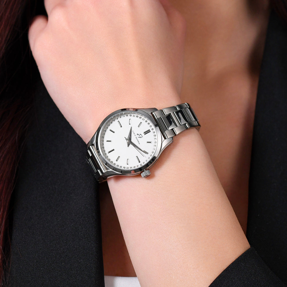 RELOJ DE ACERO PARA MUJER CON BISEL DE CRISTAL BLANCO