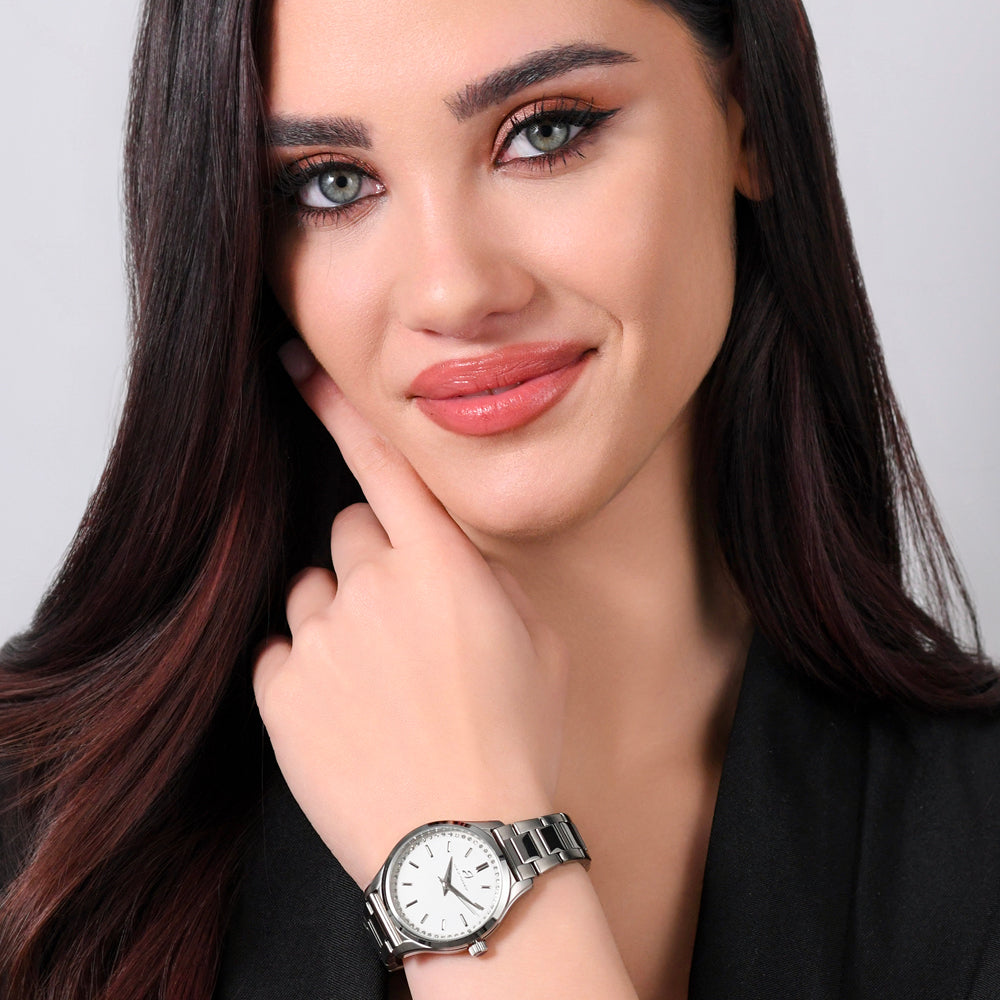 RELOJ DE ACERO PARA MUJER CON BISEL DE CRISTAL BLANCO