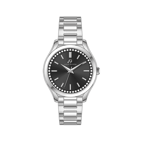 RELOJ DE ACERO PARA MUJER CON BISEL NEGRO Y CRISTALES BLANCOS