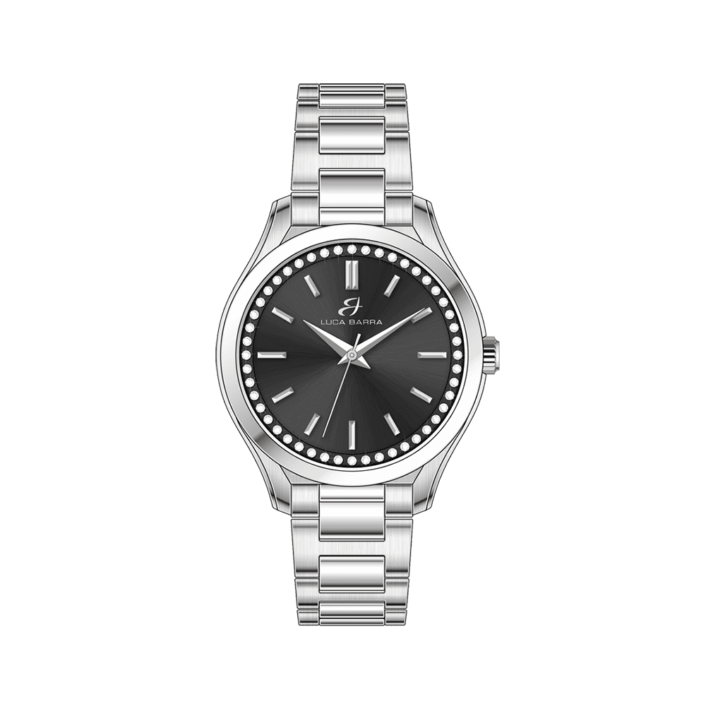 RELOJ DE ACERO PARA MUJER CON BISEL NEGRO Y CRISTALES BLANCOS