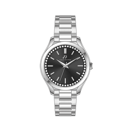RELOJ DE ACERO PARA MUJER CON BISEL NEGRO Y CRISTALES BLANCOS
