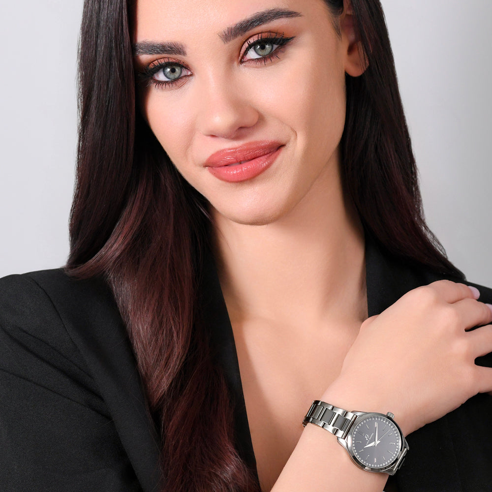 RELOJ DE ACERO PARA MUJER CON BISEL NEGRO Y CRISTALES BLANCOS