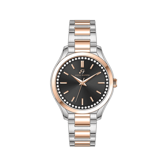 RELOJ DE ACERO PARA MUJER CON BISEL NEGRO Y ORO IP