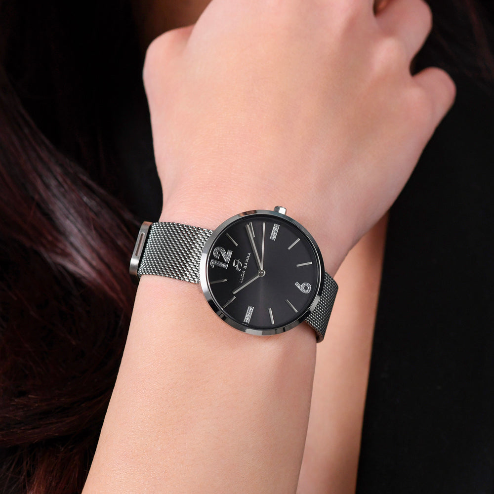 RELOJ MILANO MESH DE ACERO PARA SEÑORA CON ESFERA NEGRA