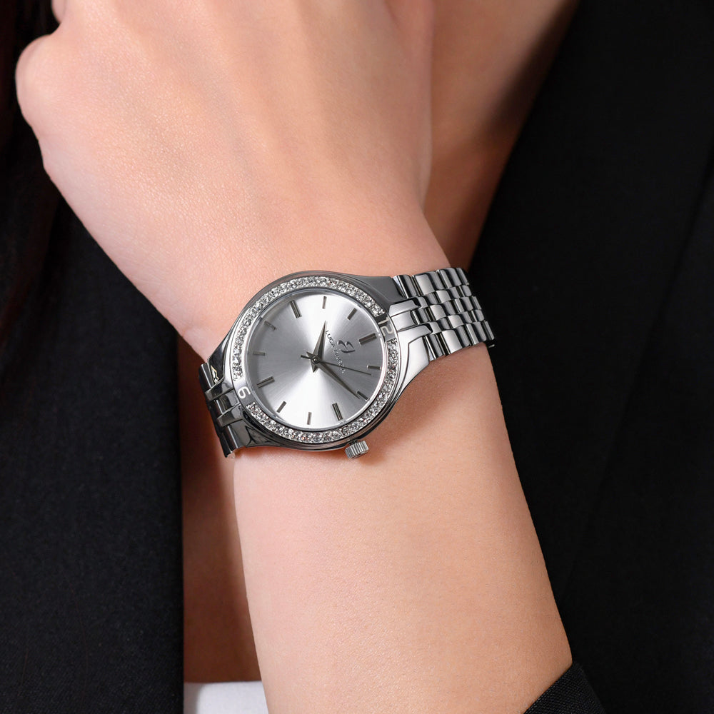 RELOJ DE ACERO PARA MUJER CON BISEL DE CRISTAL BLANCO