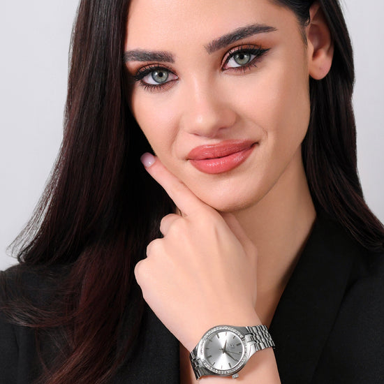 RELOJ DE ACERO PARA MUJER CON BISEL DE CRISTAL BLANCO
