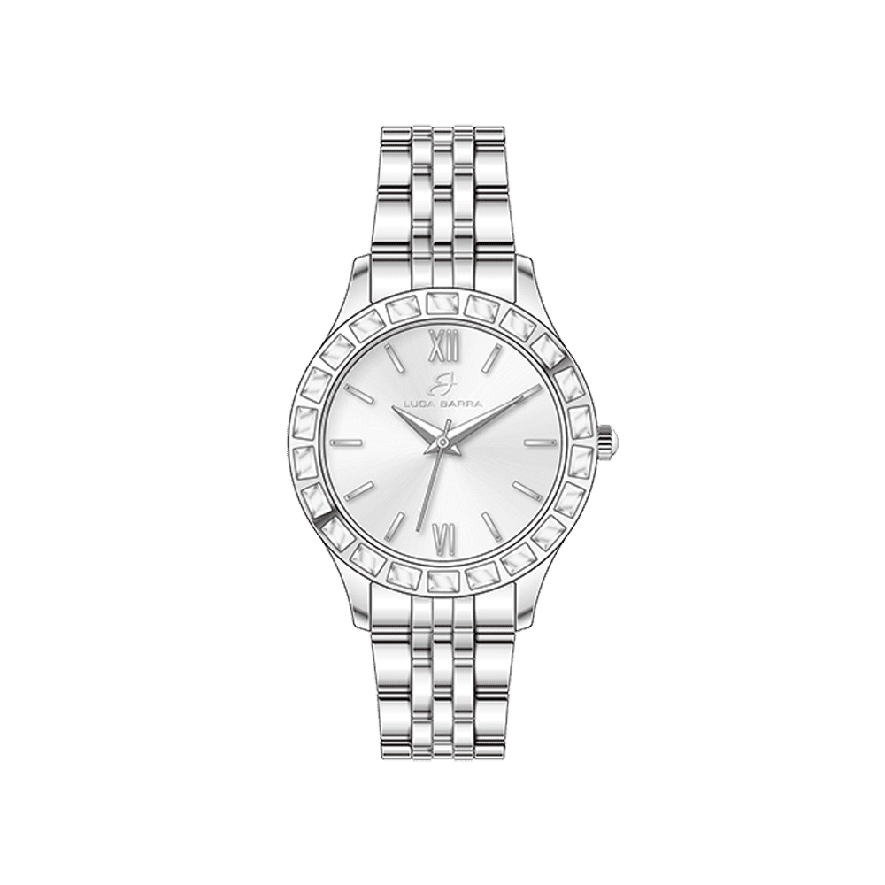 RELOJ DE ACERO PARA MUJER CON BISEL DE CRISTAL BLANCO