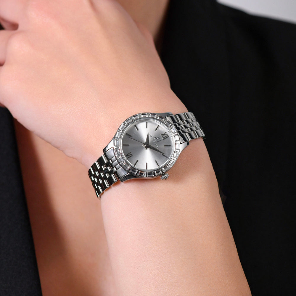 RELOJ DE ACERO PARA MUJER CON BISEL DE CRISTAL BLANCO