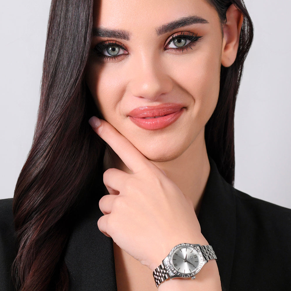 RELOJ DE ACERO PARA MUJER CON BISEL DE CRISTAL BLANCO