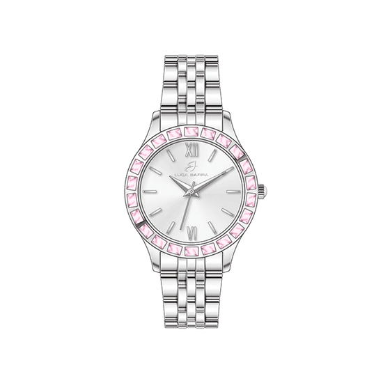 RELOJ DE ACERO PARA MUJER CON BISEL DE CRISTAL ROSA