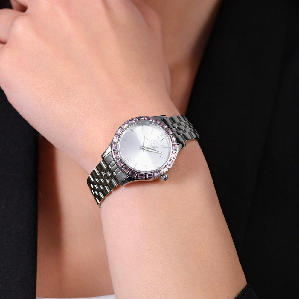 RELOJ DE ACERO PARA MUJER CON BISEL DE CRISTAL ROSA