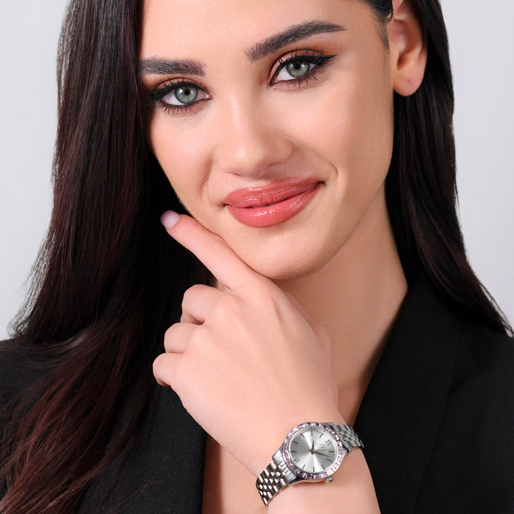RELOJ DE ACERO PARA MUJER CON BISEL DE CRISTAL ROSA