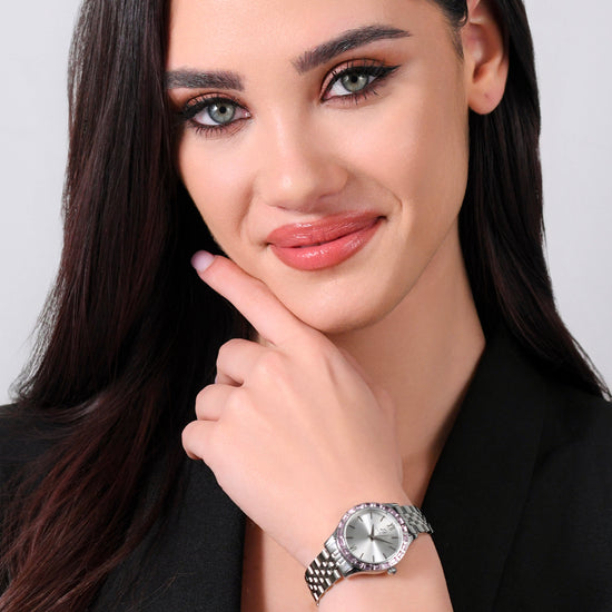 RELOJ DE ACERO PARA MUJER CON BISEL DE CRISTAL ROSA