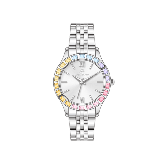 RELOJ DE ACERO PARA MUJER CON BISEL DE CRISTAL MULTICOLOR