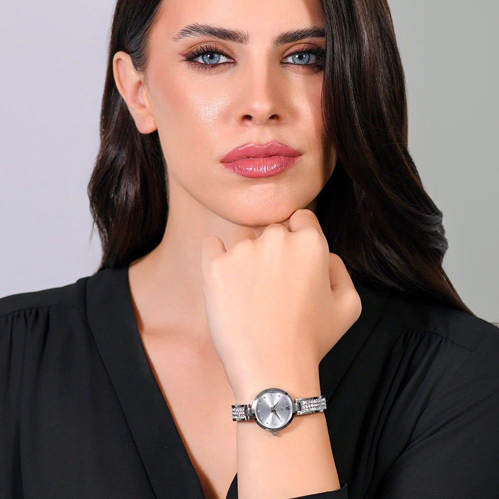 RELOJ DE CRISTAL DE ACERO PARA MUJER CON ESFERA GRIS