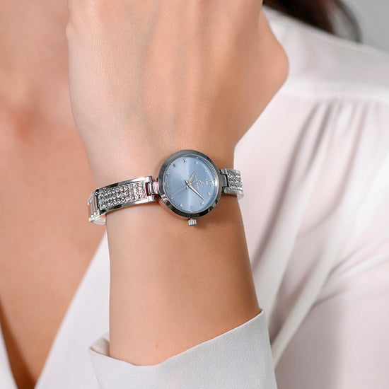 RELOJ DE CRISTAL DE ACERO PARA MUJER CON ESFERA AZUL CLARO