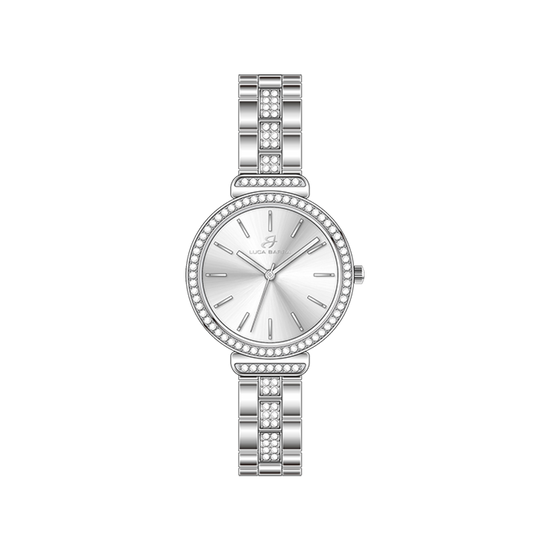 RELOJ DE SEÑORA DE CRISTAL DE ACERO CON BISEL Y ESFERA GRISES
