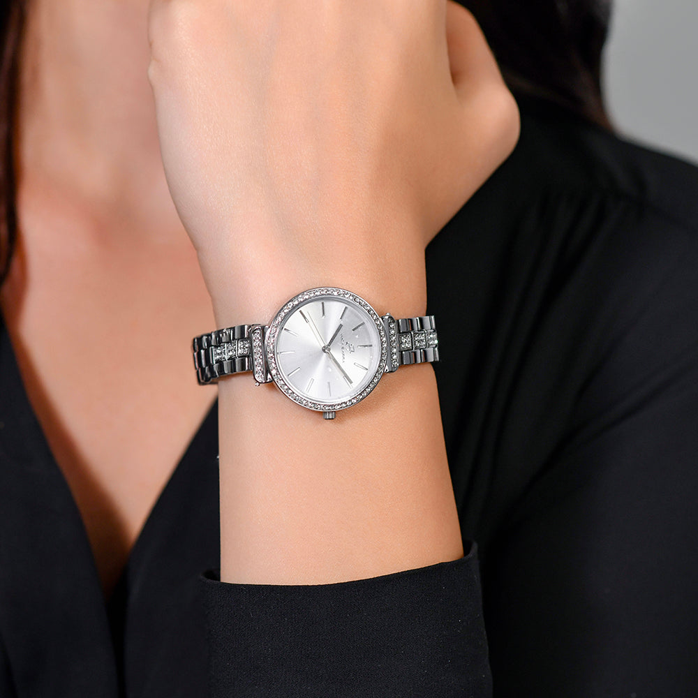 RELOJ DE SEÑORA DE CRISTAL DE ACERO CON BISEL Y ESFERA GRISES