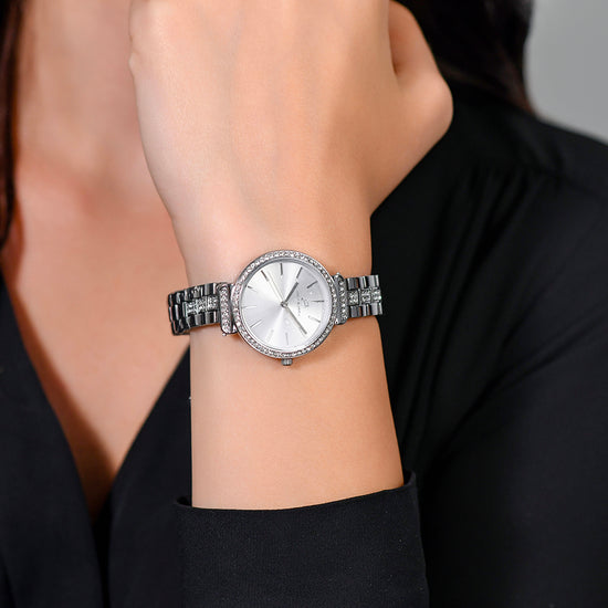 RELOJ DE SEÑORA DE CRISTAL DE ACERO CON BISEL Y ESFERA GRISES