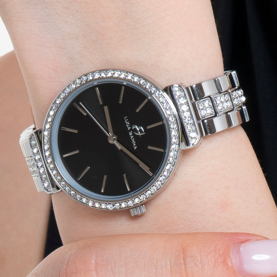 RELOJ DE MUJER DE ACERO CRISTALINO CON BISEL Y ESFERA NEGROS