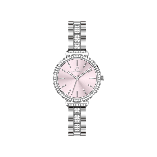 RELOJ DE MUJER DE ACERO CRISTAL CON BISEL Y ESFERA ROSA