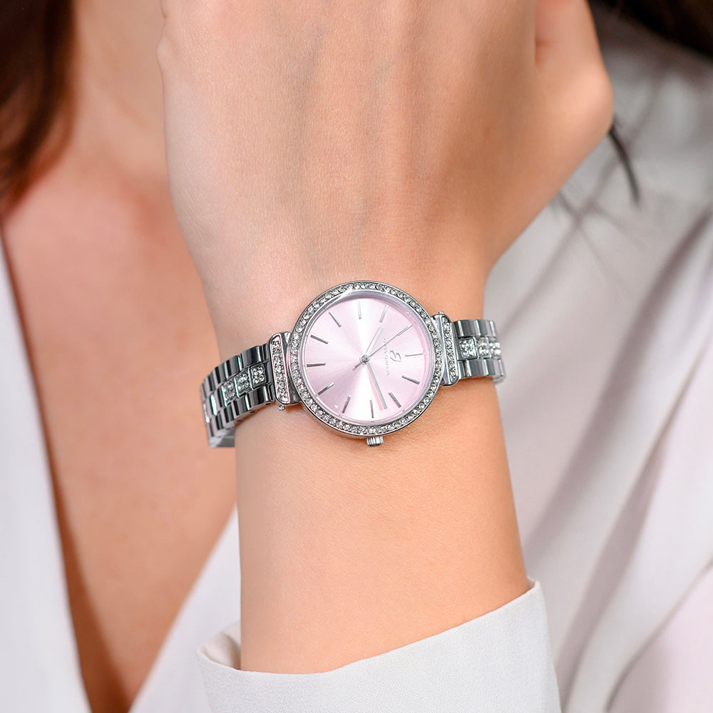 RELOJ DE MUJER DE ACERO CRISTAL CON BISEL Y ESFERA ROSA