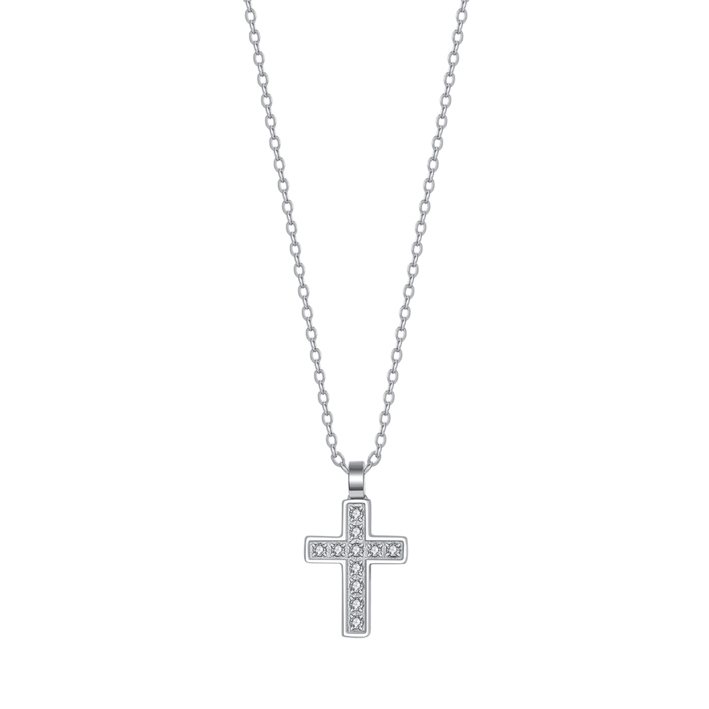 COLLAR DE ACERO PARA HOMBRE CON CRUZ Y CRISTALES BLANCOS