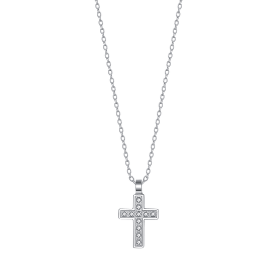 COLLAR DE ACERO PARA HOMBRE CON CRUZ Y CRISTALES BLANCOS