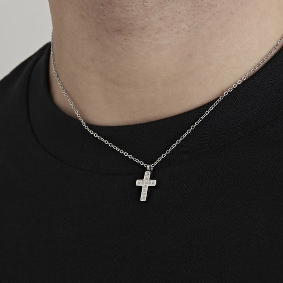 COLLAR DE ACERO PARA HOMBRE CON CRUZ Y CRISTALES BLANCOS