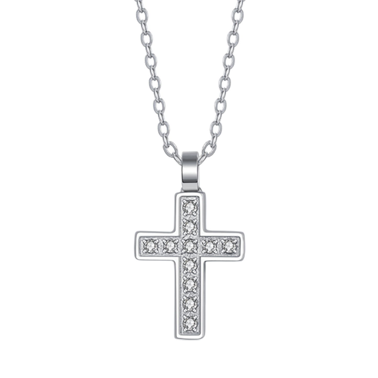 COLLAR DE ACERO PARA HOMBRE CON CRUZ Y CRISTALES BLANCOS