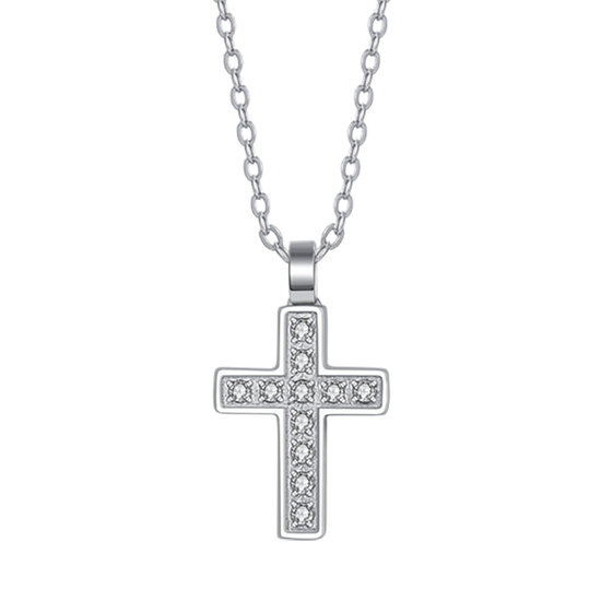 COLLAR DE ACERO PARA HOMBRE CON CRUZ Y CRISTALES BLANCOS