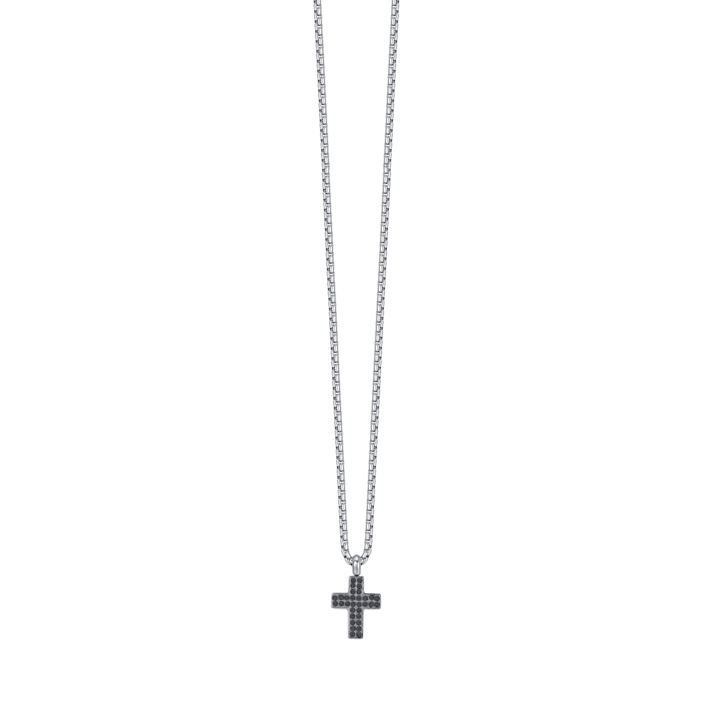 COLLAR CRUZ DE ACERO PARA HOMBRE CON CRISTALES NEGROS