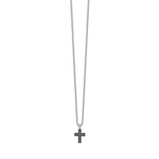 COLLAR CRUZ DE ACERO PARA HOMBRE CON CRISTALES NEGROS