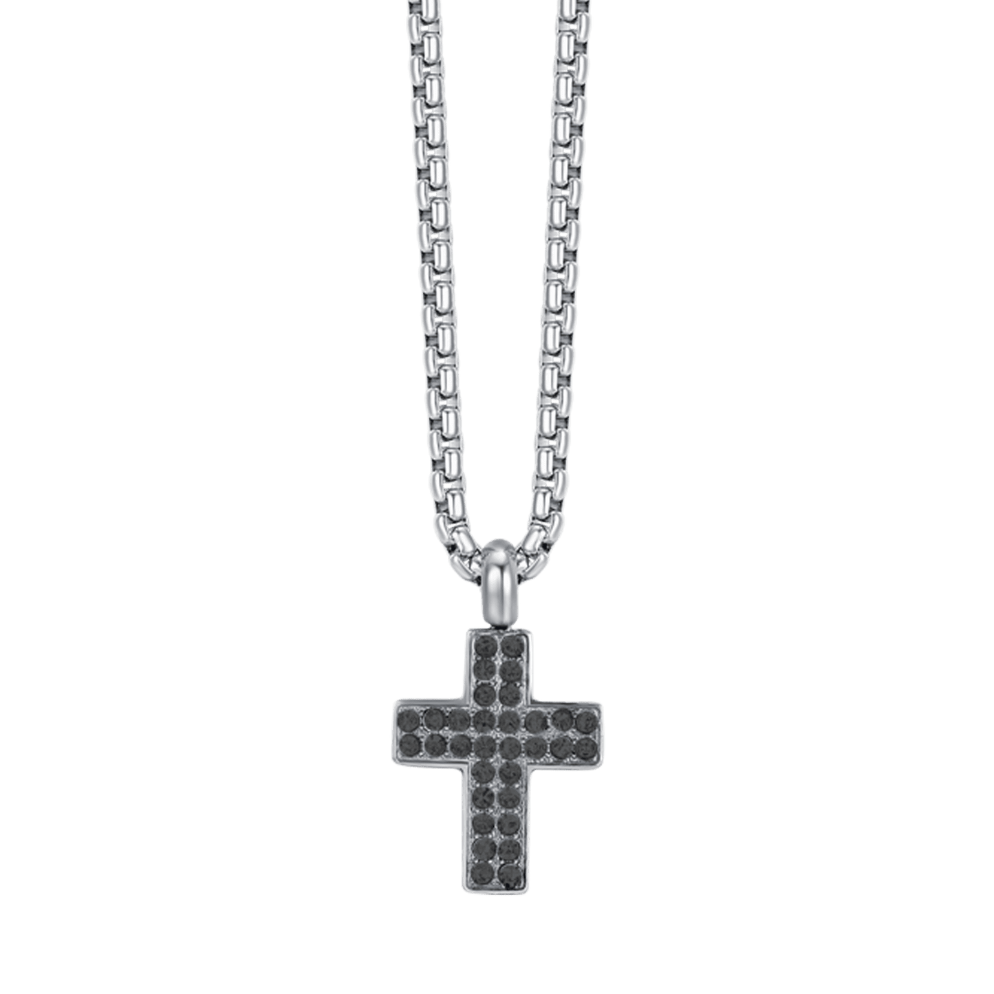 COLLAR CRUZ DE ACERO PARA HOMBRE CON CRISTALES NEGROS