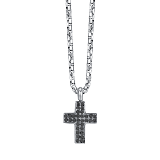 COLLAR CRUZ DE ACERO PARA HOMBRE CON CRISTALES NEGROS
