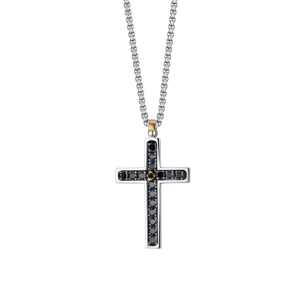 COLLAR CRUZ DE HOMBRE DE ACERO CON CRISTALES NEGROS